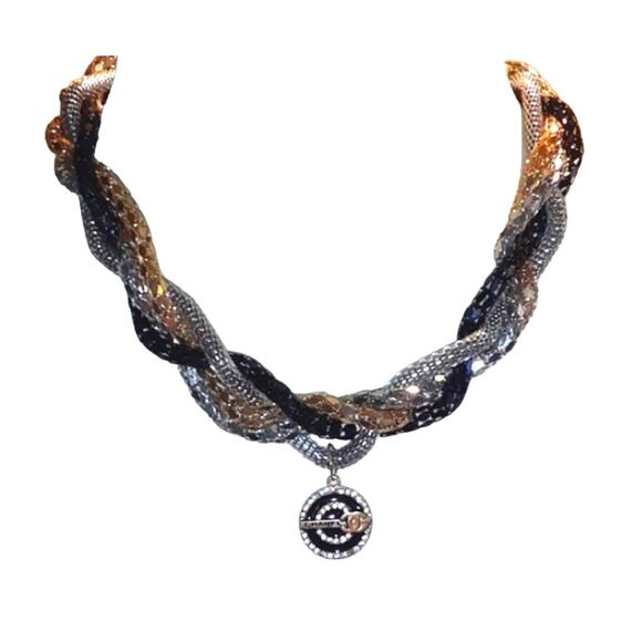 CHUNKY Layered Art Necklace COCO Pendent Black & Gold Chains Thick Chains Bling - Picture 1 of 8